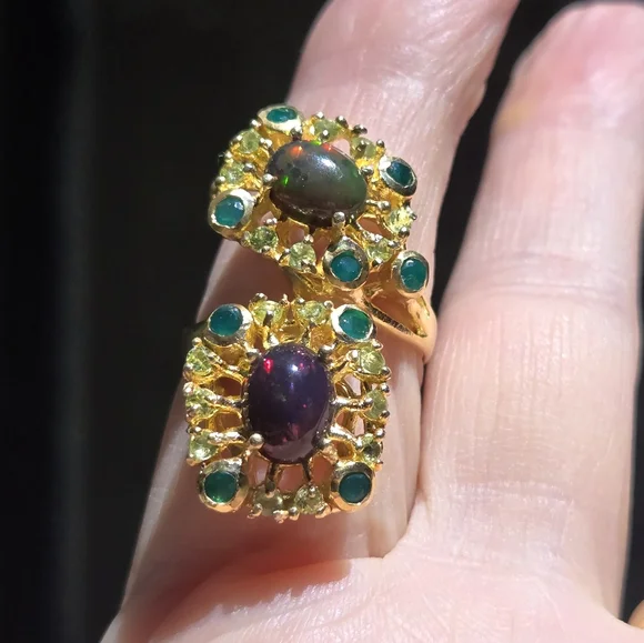 Opal green 💚 Onyx & Peridot sterling &gold ring sz8 adjustable - Picture 7 of 10